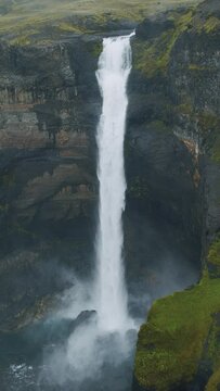 Vertical view of Haifoss waterfall in iceland highland