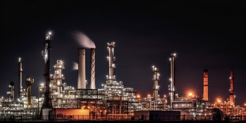 Fototapeta premium dramatic image of refinery at night with pipes chimneys and smokestacks illuminated against dark sky, concept of Industrialization and Pollution, created with Generative AI technology