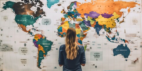 financially independent woman stands at world map pinning colorful markers on her dream destinations knowing that her early retirement, concept of Travel Goals, created with Generative AI technology