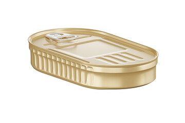 Tin can for new design with text, 3d rendering, template, view of fish canned in golden oval container closeup, isolated on white background