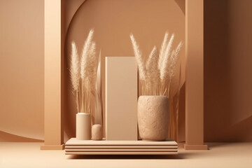 Podium with wood display, beige background, and dry pampas grass in a vase. Bright cosmetic beauty product promotion pedestal with nature tree shadow. Generative ai.