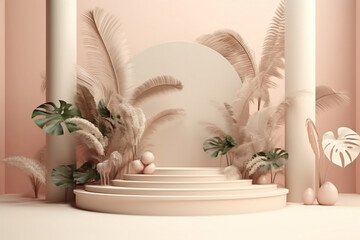 Minimal display podium with tropical plants and flowers. Tropical botanicals showcased in a modern and vibrant setting. Generative ai.