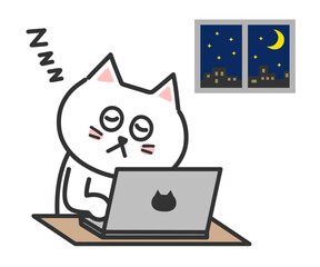 White cartoon cat falling asleep while operating a computer, transparent PNG.