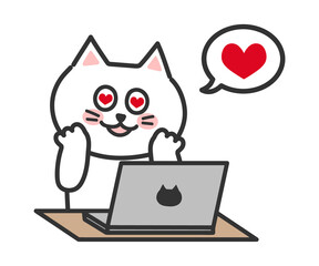 White Cat illustration. Comic. White cartoon cat being in love while using a computer, transparent PNG.