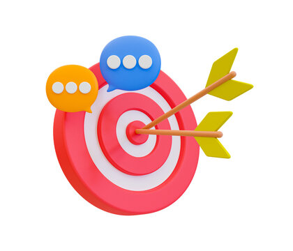 3d minimal target achievement concept. mission complete. goal accomplishment. dartboard with chat icon. 3d illustration.