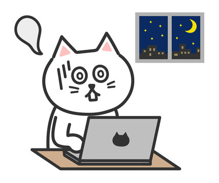 White cartoon cat getting so tired while using a computer for a long time, transparent PNG.