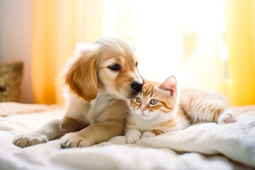 Orange kitten cuddling with a dog on the bed. Generative Ai.