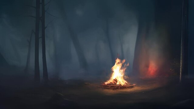 Warm Bonfire in the forest at night time
