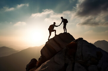 Fototapeta premium Two people reach the summit helping one another. Generative Ai. 