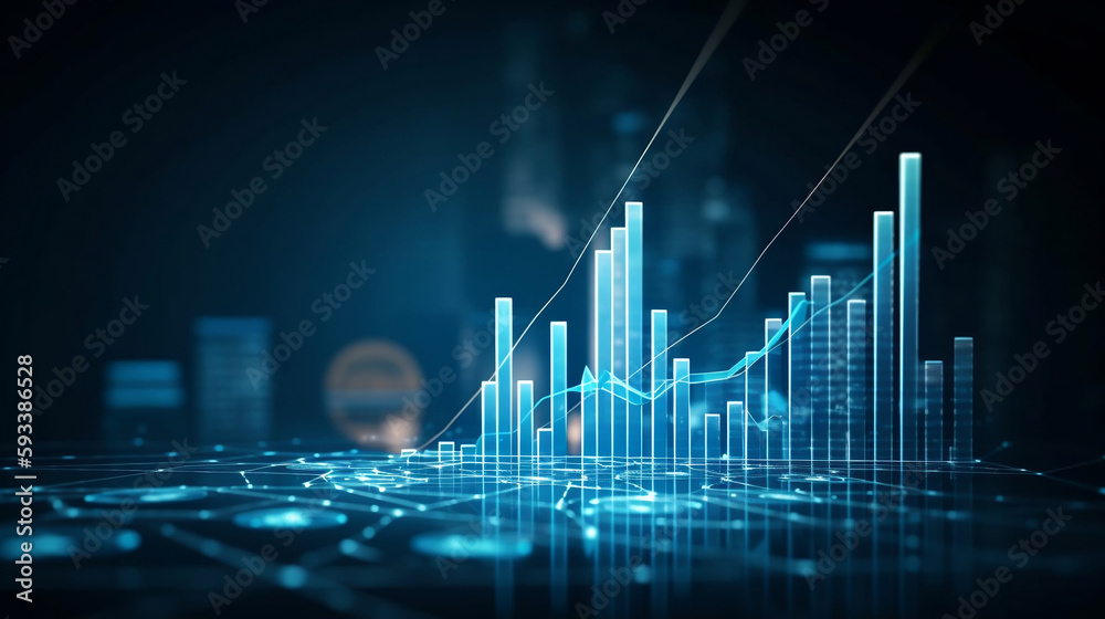 Wall mural a 3d coin background with a blue finance graph and investment bar, showcasing growth and success in 