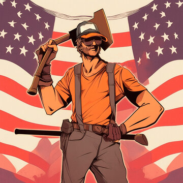 Labor Day, the union of all workers. The guy on the background of the flag. High quality illustration