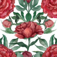 Seamless decorative floral pattern with peonies on summer background, watercolor illustration. Template design for textiles, interior, clothes, wallpaper