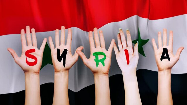 Syria Country Flag with animated hands written letters, to make name of country
