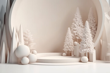 Christmas product display podium with winter scene. Generative ai.