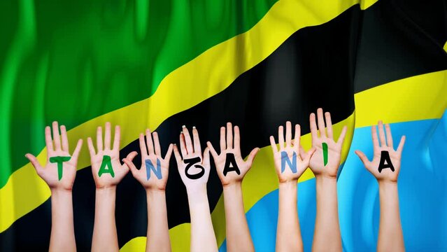 Tanzania Country Flag with animated hands written letters, to make name of country