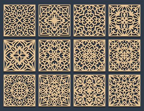 Laser cut pamels template, abstract geometric pattern. Metal decorative cutout, wood carving, fretwork stencil, paper art. For interior design, card background decoration, engraving. Vector set