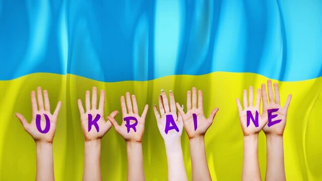Ukraine Country Flag with animated hands written letters, to make name of country