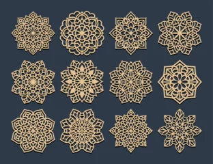 Peel and stick wall murals Boho Style Laser cutting mandala. Golden floral pattern. Oriental silhouette ornament. Vector coaster design.