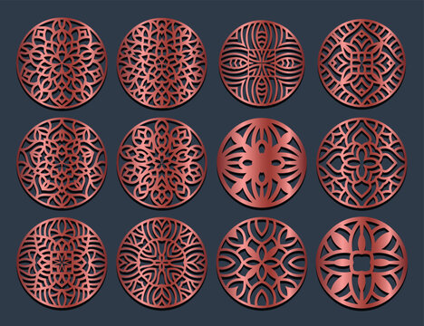 Lotus Mandala Vector Template Set for Cutting and Printing. Oriental silhouette ornament. Vector coaster design Bundle	