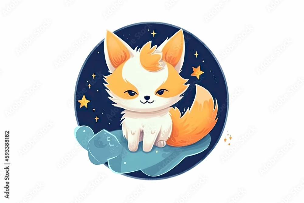 Wall mural cute fox sitting on a fluffy white cloud. Generative AI