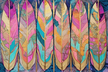 Colorful feathers, tribal, vibrant pink, magenta, cyand and gold pastel colors, AI generative illustration