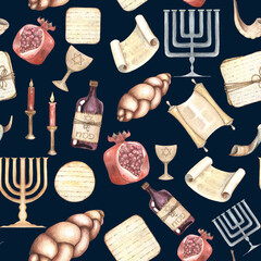 Seamless pattern with watercolor hand drawn Judaic elements. Shabbat's illustration, seamless background.