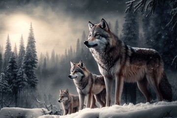 Group of wolves in the snowy forest, wildlife scene Generative AI