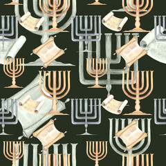 Seamless pattern with watercolor hand drawn Judaic elements. Shabbat's illustration, seamless background.