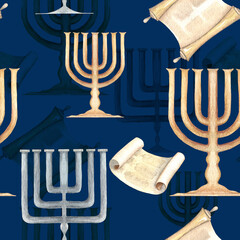Seamless pattern with watercolor hand drawn Judaic elements. Shabbat's illustration, seamless background.