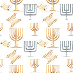 Seamless pattern with watercolor hand drawn Judaic elements. Shabbat's illustration, seamless background.