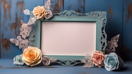 Vintage Blue Blank Picture Frame with Rustic Flowers - Perfect for Messages