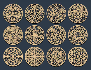 Set decorative circle coaster for laser cutting. Round abstract geometric coaster card. Laser cut design. Vector illustration	
