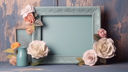 Vintage Blue Blank Picture Frame with Rustic Flowers - Perfect for Messages