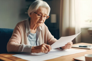 Senior woman holding paper bill, old lady managing account finance, calculating money budget tax, planning banking loan debt pension. Generative AI - obrazy, fototapety, plakaty