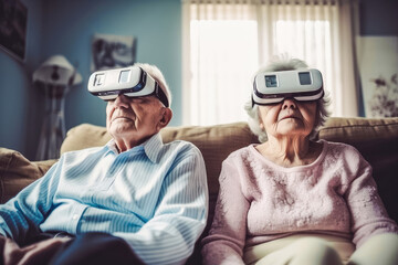 Senior people wearing VR glasses. Learning to use new technology. Generative AI.