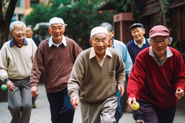 Old asian Japan seniors playing sports outside. Living healthy long life. Baseball. Generative AI.