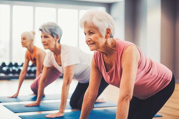Fototapeta premium Pilates, wellness and group of senior women doing a mind, body and spiritual exercise in studio. Health, retirement doing yoga workout. Generative AI.