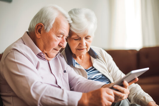 Old age and modern tech. Retired family couple sit at kitchen table use laptop watch photo video read latest news online. Generative AI.