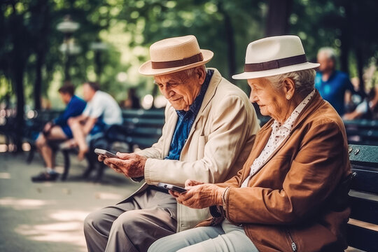 Old Age And Modern Tech. Retired Family Couple Sit At Kitchen Table Use Laptop Watch Photo Video Read Latest News Online. Generative AI.