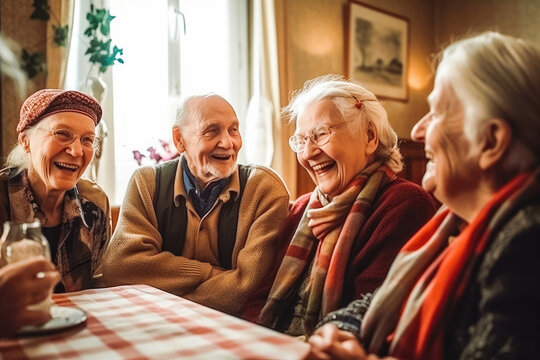 Senior People Hanging Out. Sitting, Smiling And Talking To Each Other. Having Great Life In Pension. Generative AI.