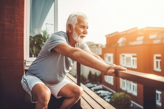 Senior man stretching outside. Exercise, healthy lifestyle. Jogging every day. Generative AI.