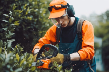 Male gardener's hands in uniform and helmet trimming bushes sunny day. Generative AI.
