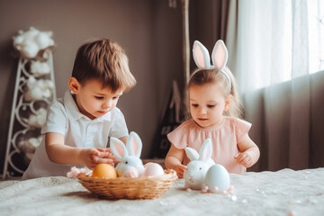 Obraz na płótnie Canvas Excited two children in bunny ears covering eyes with painted chicken eggs near tulips and easter bread. Easter holidays. Generative AI.