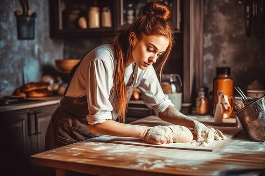 Young woman in kitchen. Making dough for bread. Holding tasty fresh bread in her kitchen. Hot freshly baked bread. Generative AI.