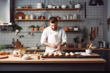 Concentrated man baker baking bread and french croissants from dough at his bakery. Small business owner of bakery. Generative AI.