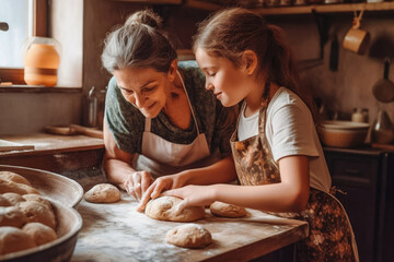 Obraz na płótnie Canvas Grandmother and granddaughters helping each other to cook in kitchen happily, Grandmother teaches a cute child to cook. Family teamwork. Generative AI