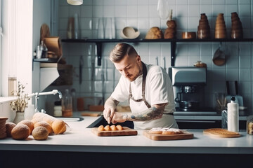 Fototapeta na wymiar Concentrated man baker baking bread and french croissants from dough at his bakery. Small business owner of bakery. Generative AI.