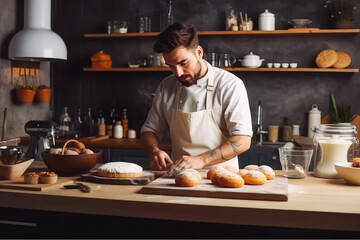 Obraz na płótnie Canvas Concentrated man baker baking bread and french croissants from dough at his bakery. Small business owner of bakery. Generative AI.