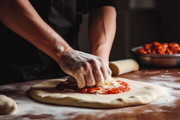 Putting food ingredients on pizza on table close up. Pomodoro, tomato sauce, pizza stuffed crust dough. Making homemade pizza. Generative AI.