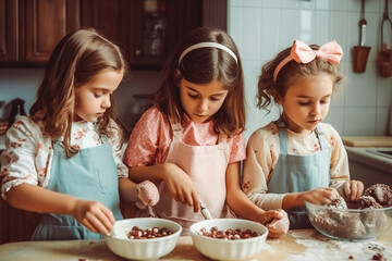 Three little cute multi ethnic children bakers with pink aprons and white chef hat making dough for cookies at home. Generative AI.